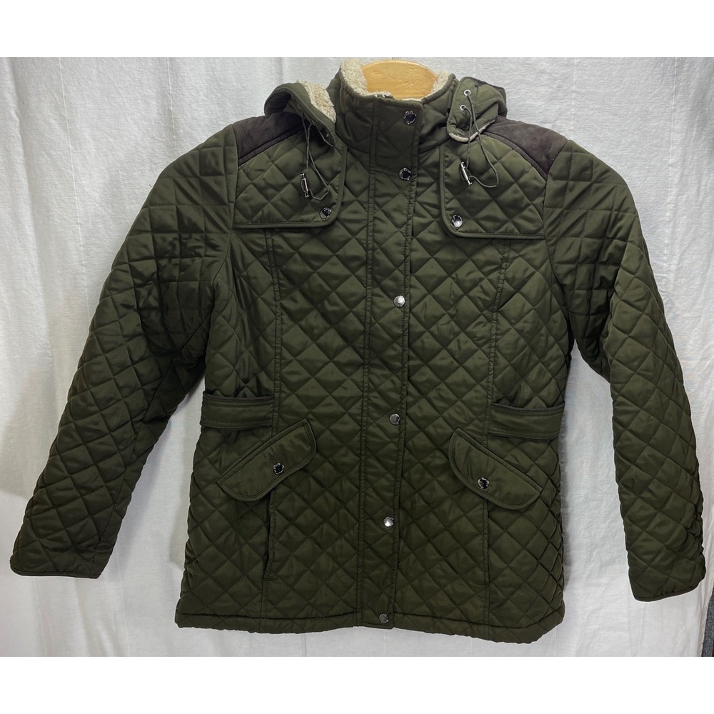 Laundry By Design XL Quilted Olive Jacket Removable Hood Sherpa Trim Snap Button